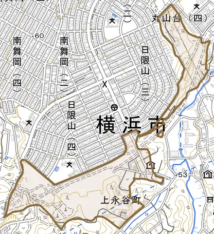 上永谷町とその周辺の地図。町の範囲を重ねている