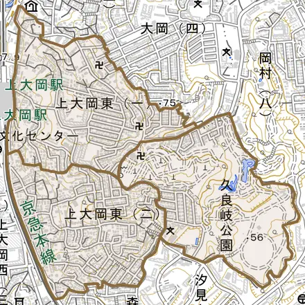 上大岡東とその周辺の地図。町の範囲を重ねている
