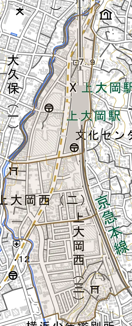 上大岡西とその周辺の地図。町の範囲を重ねている