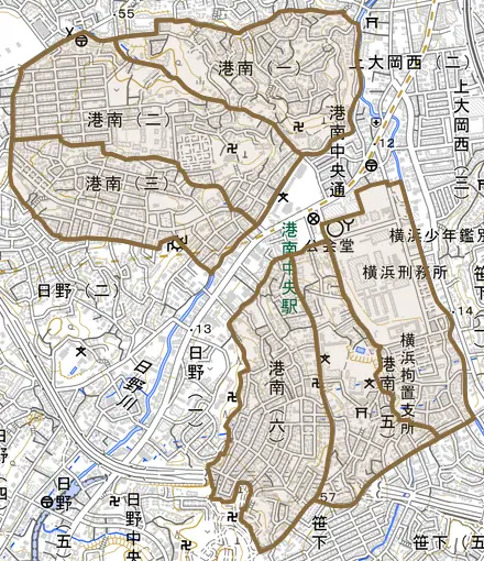 港南とその周辺の地図。町の範囲を重ねている