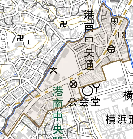 港南中央通とその周辺の地図。町の範囲を重ねている