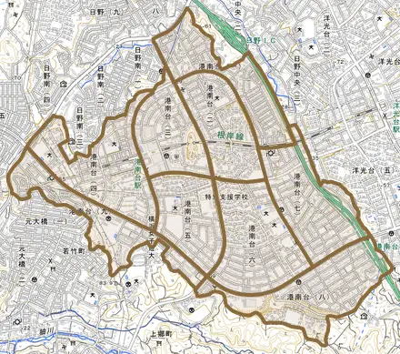 港南台とその周辺の地図。町の範囲を重ねている