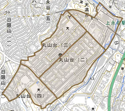 丸山台とその周辺の地図。町の範囲を重ねている