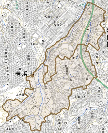 野庭町とその周辺の地図。町の範囲を重ねている