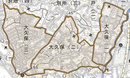 大久保とその周辺の地図。町の範囲を重ねている