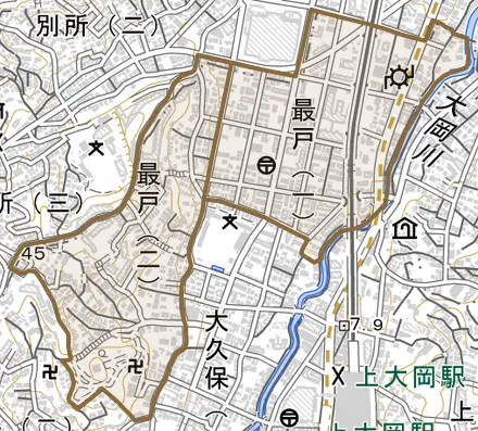最戸とその周辺の地図。町の範囲を重ねている