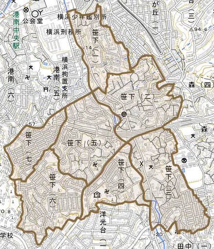笹下とその周辺の地図。町の範囲を重ねている