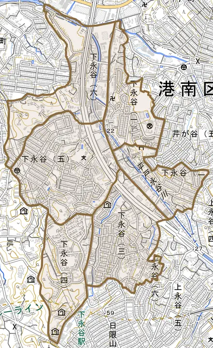 下永谷とその周辺の地図。町の範囲を重ねている