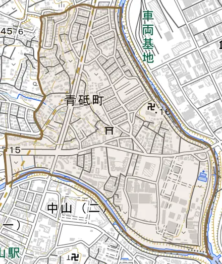 青砥町とその周辺の地図。町の範囲を重ねている