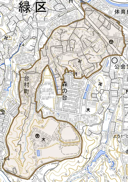 台村町とその周辺の地図。町の範囲を重ねている