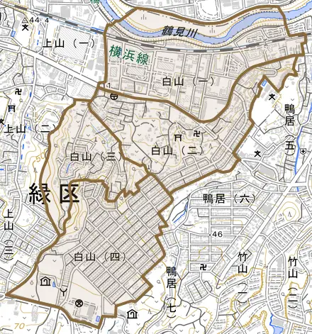 白山とその周辺の地図。町の範囲を重ねている