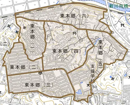 東本郷とその周辺の地図。町の範囲を重ねている