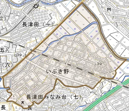 いぶき野とその周辺の地図。町の範囲を重ねている