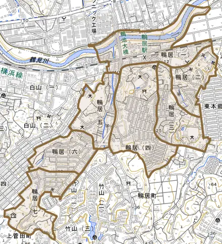 鴨居とその周辺の地図。町の範囲を重ねている