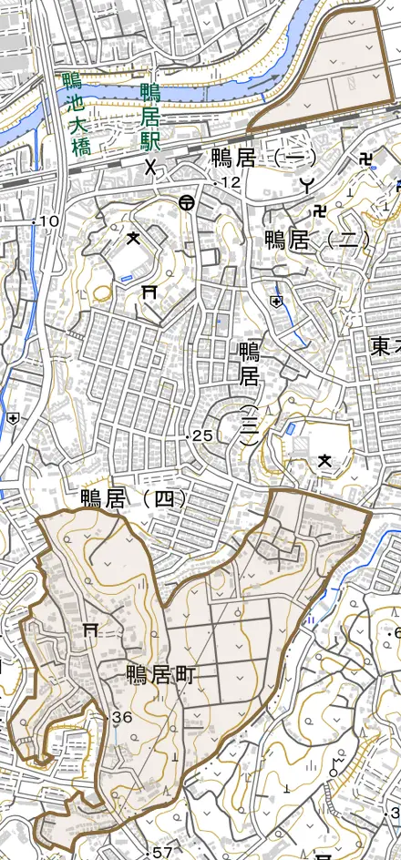 鴨居町とその周辺の地図。町の範囲を重ねている