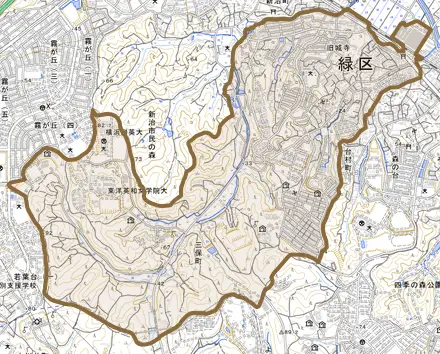 三保町とその周辺の地図。町の範囲を重ねている