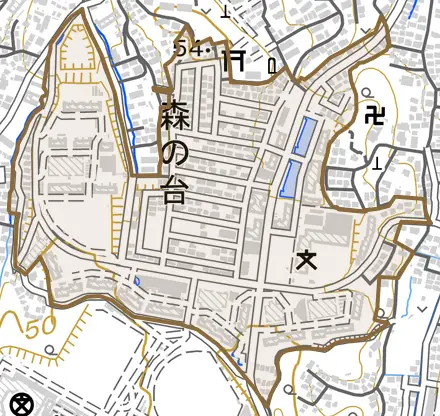 森の台とその周辺の地図。町の範囲を重ねている