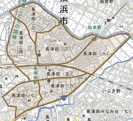 長津田とその周辺の地図。町の範囲を重ねている