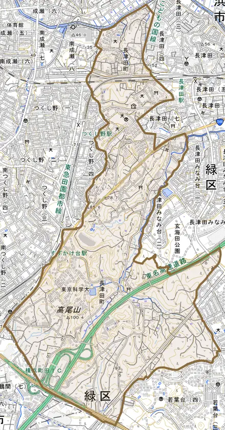 長津田町とその周辺の地図。町の範囲を重ねている