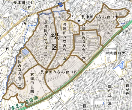 長津田みなみ台とその周辺の地図。町の範囲を重ねている