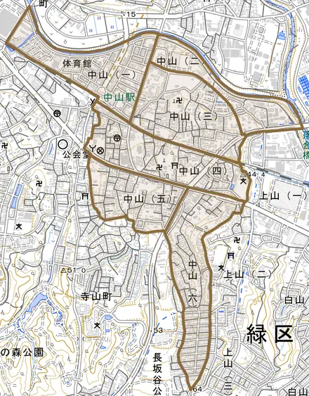 中山とその周辺の地図。町の範囲を重ねている