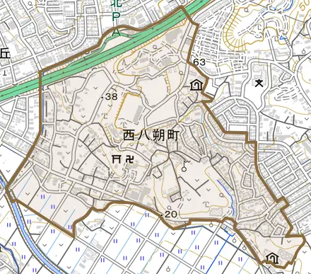 西八朔町とその周辺の地図。町の範囲を重ねている