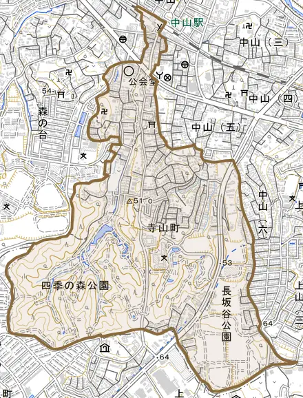 寺山町とその周辺の地図。町の範囲を重ねている