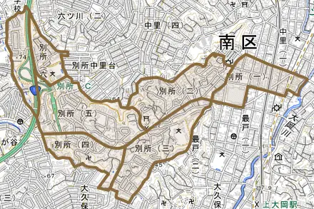 別所とその周辺の地図。町の範囲を重ねている
