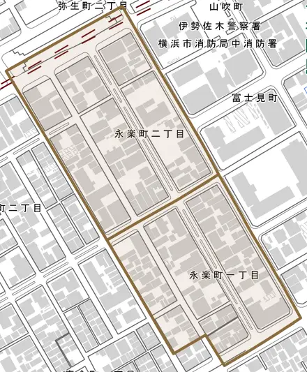 永楽町とその周辺の地図。町の範囲を重ねている