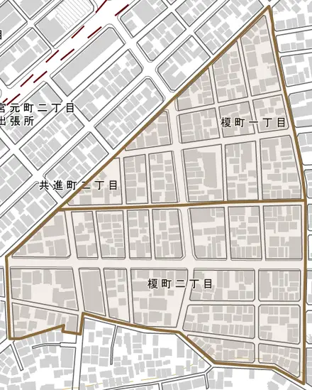 榎町とその周辺の地図。町の範囲を重ねている