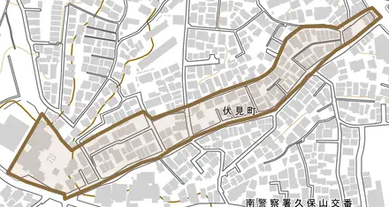 伏見町とその周辺の地図。町の範囲を重ねている
