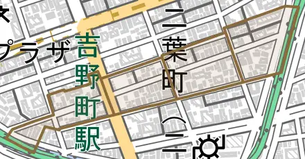 二葉町とその周辺の地図。町の範囲を重ねている