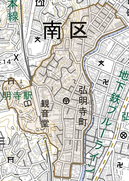 弘明寺町とその周辺の地図。町の範囲を重ねている
