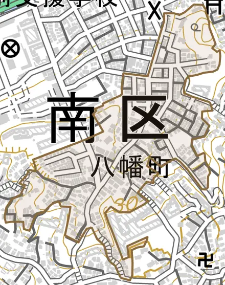 八幡町とその周辺の地図。町の範囲を重ねている