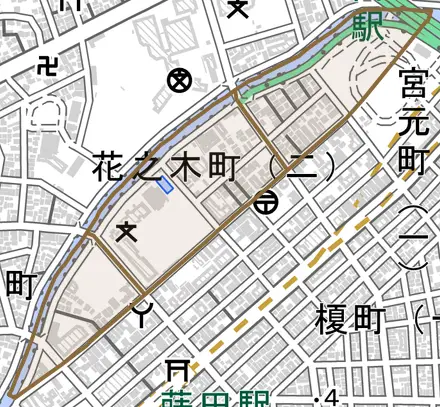 花之木町とその周辺の地図。町の範囲を重ねている