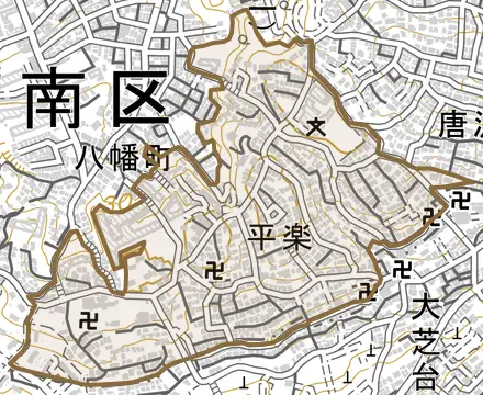 平楽とその周辺の地図。町の範囲を重ねている