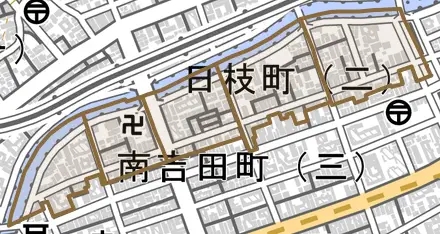 日枝町とその周辺の地図。町の範囲を重ねている
