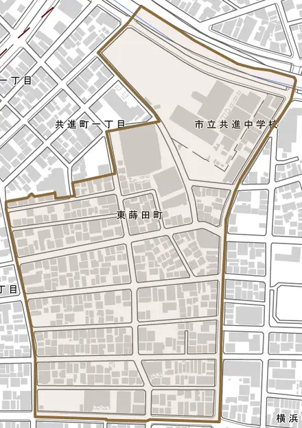 東蒔田町とその周辺の地図。町の範囲を重ねている