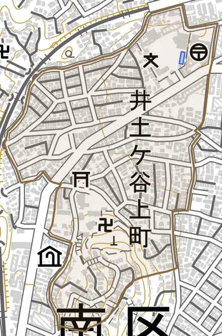 井土ケ谷上町とその周辺の地図。町の範囲を重ねている