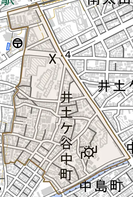井土ケ谷中町とその周辺の地図。町の範囲を重ねている