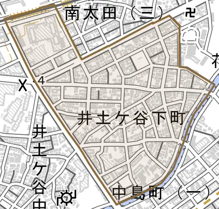 井土ケ谷下町とその周辺の地図。町の範囲を重ねている