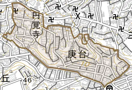 庚台とその周辺の地図。町の範囲を重ねている