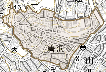 唐沢とその周辺の地図。町の範囲を重ねている