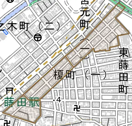 共進町とその周辺の地図。町の範囲を重ねている