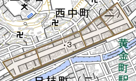 前里町とその周辺の地図。町の範囲を重ねている