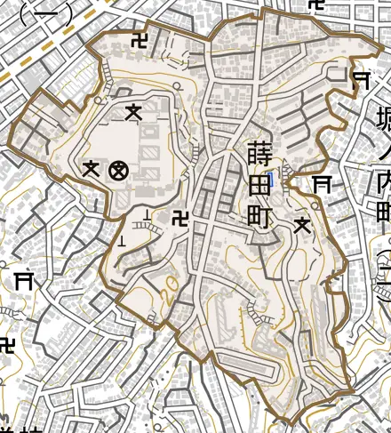 蒔田町とその周辺の地図。町の範囲を重ねている