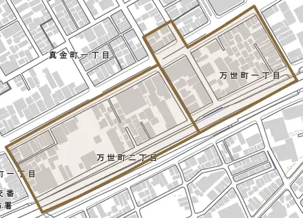 万世町とその周辺の地図。町の範囲を重ねている