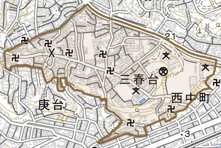 三春台とその周辺の地図。町の範囲を重ねている