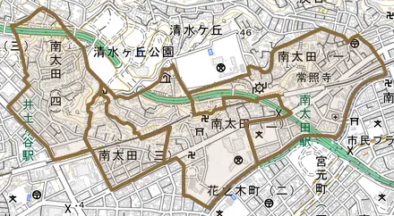 南太田とその周辺の地図。町の範囲を重ねている