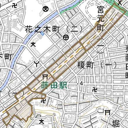 宮元町とその周辺の地図。町の範囲を重ねている